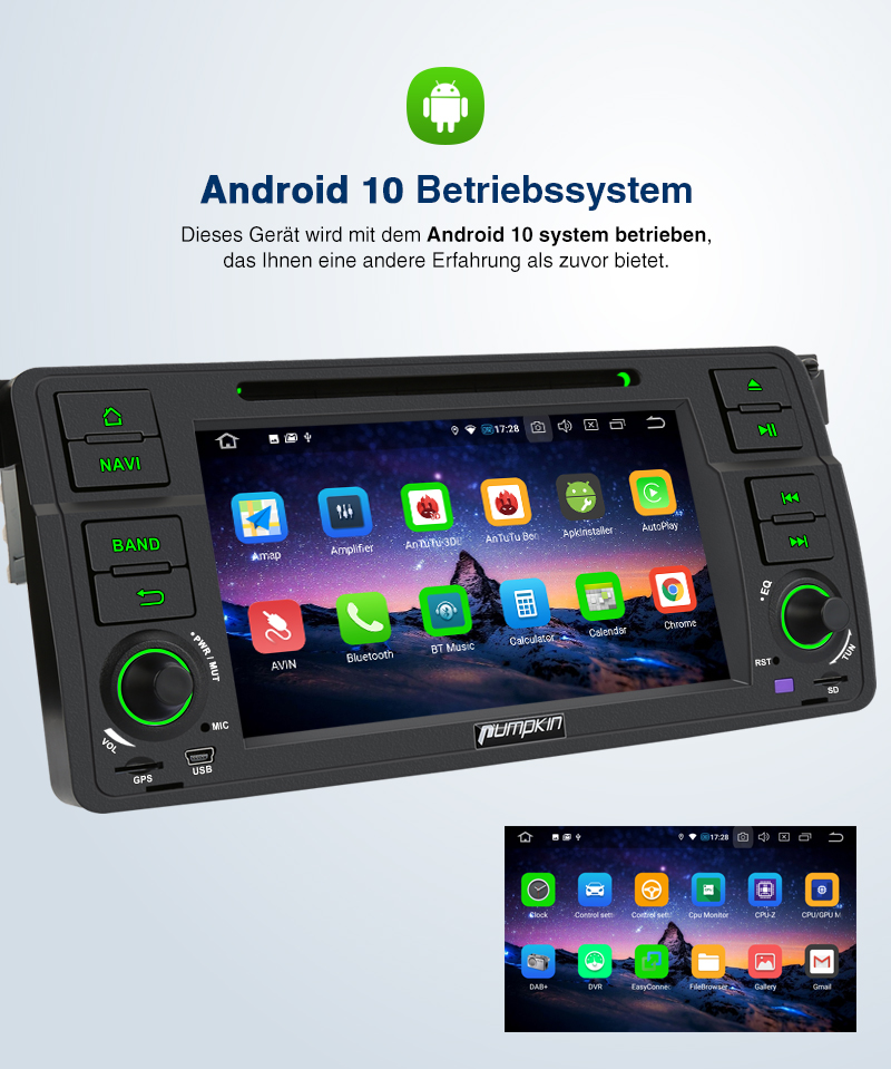 Pumpkin Android 10.0 Autoradio GPS Navi DVD 1 DIN DAB RDS